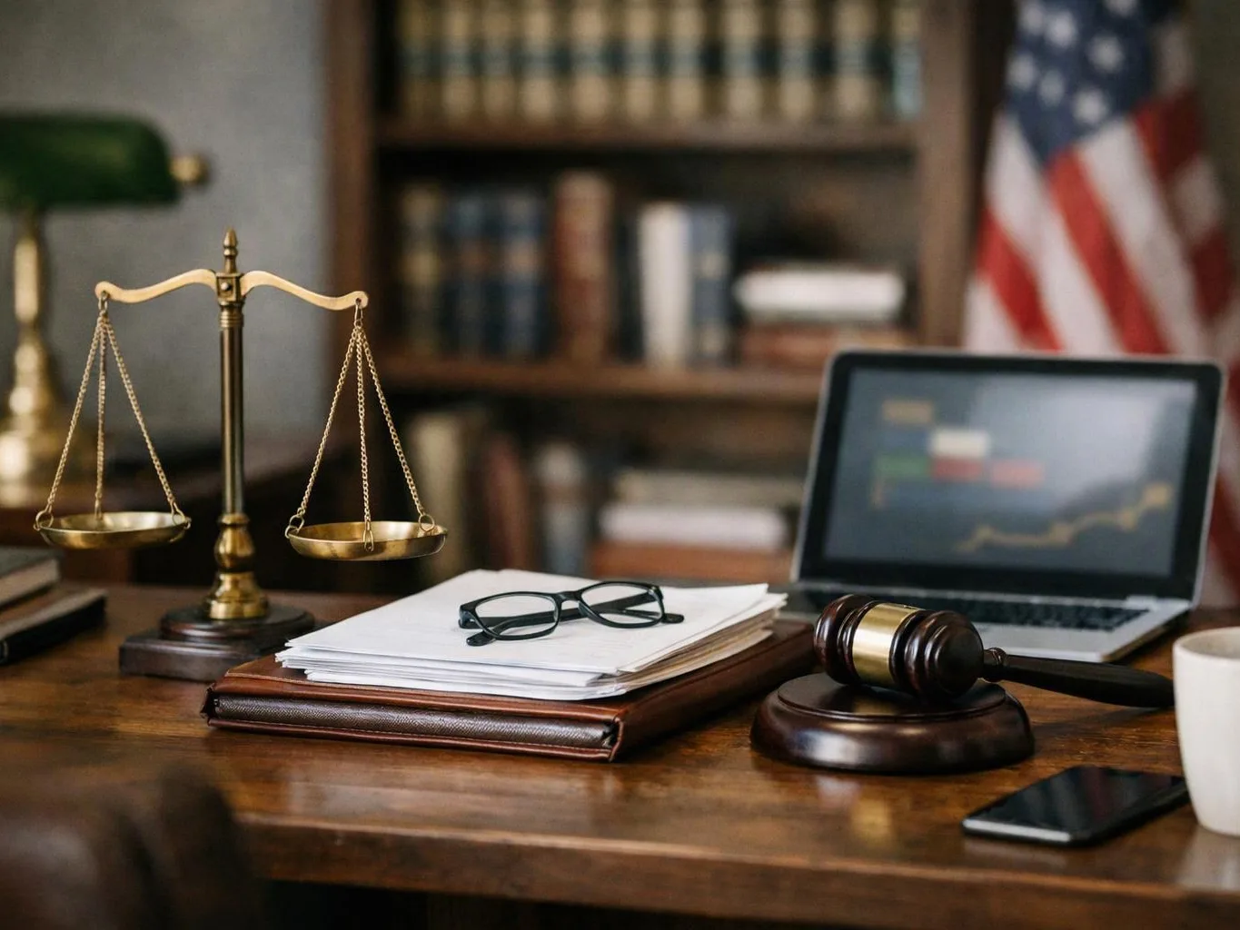 A law office desk holds scales, a gavel, papers, glasses, a laptop, a phone, and a coffee mug