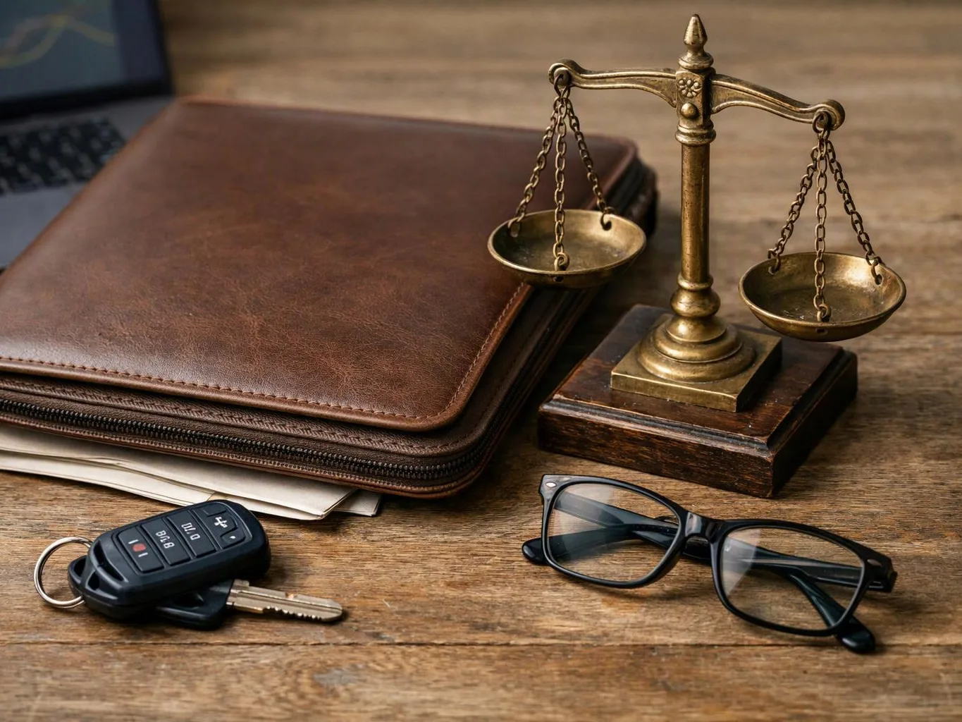 A leather briefcase, brass balance scale, car key, and eyeglasses rest on a wooden desk
