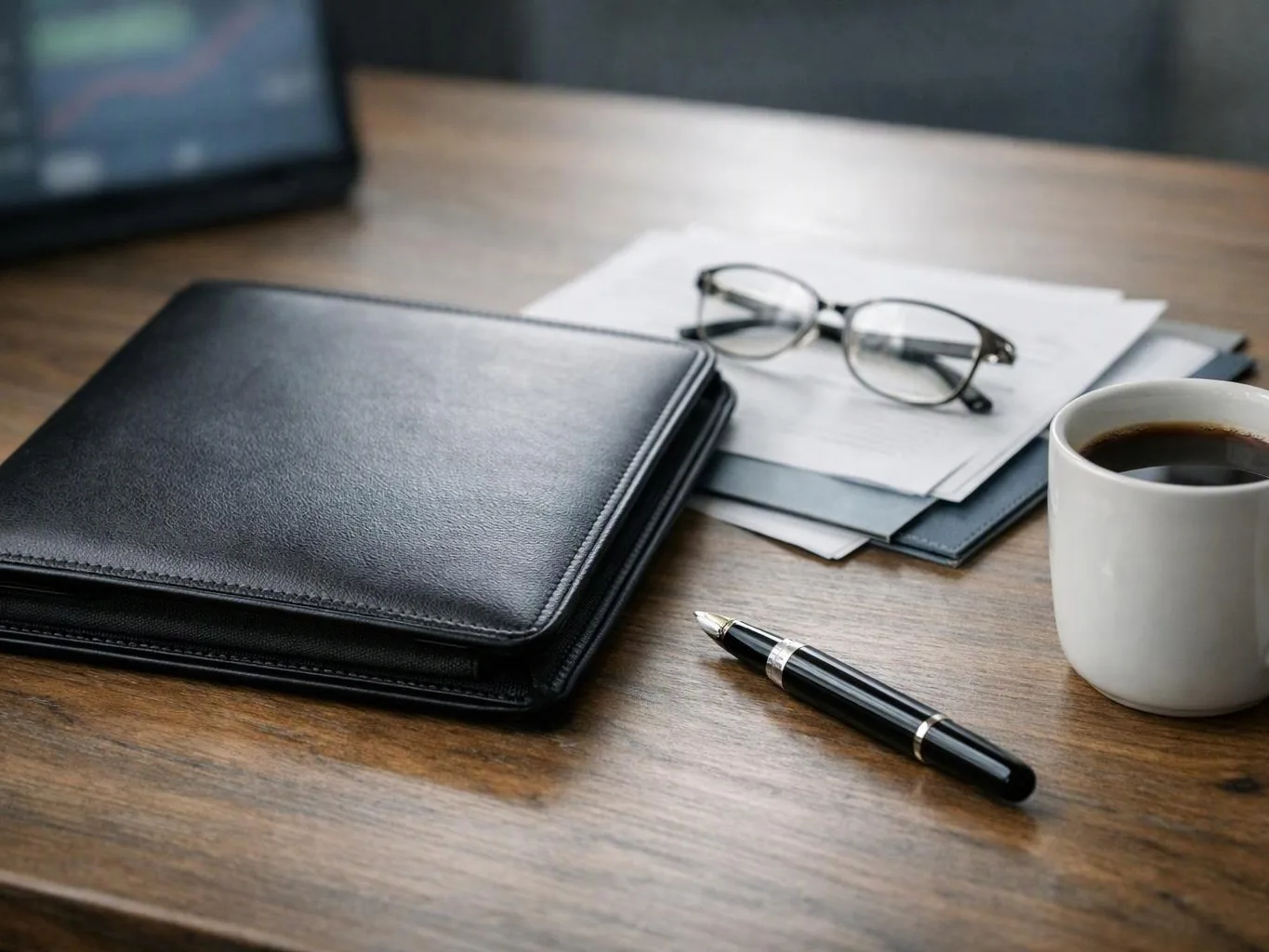 A leather folder, glasses, pen, papers, and a coffee cup rest on a wooden desk