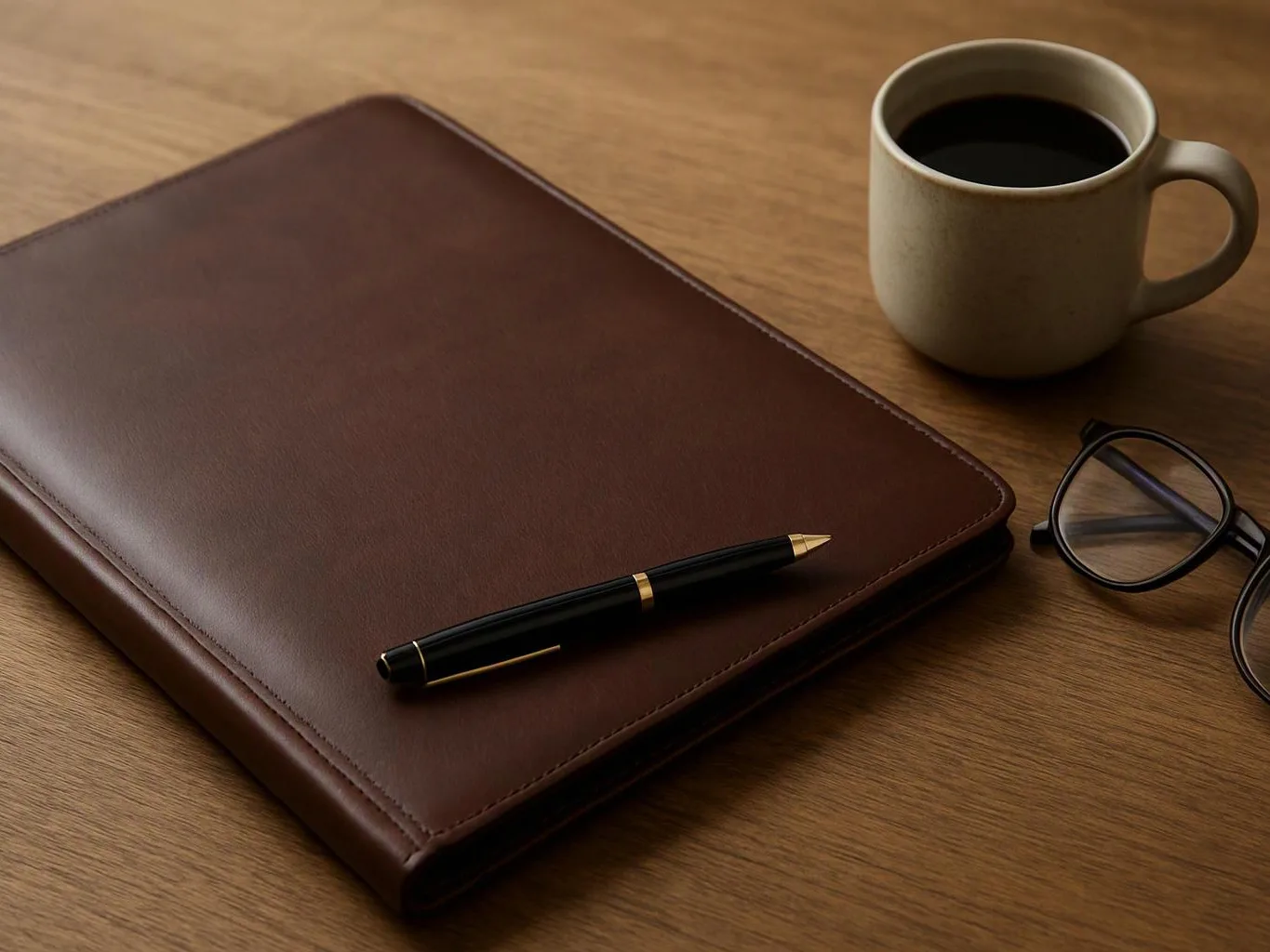 A leather folder, pen, coffee mug, and eyeglasses rest on a wooden desk
