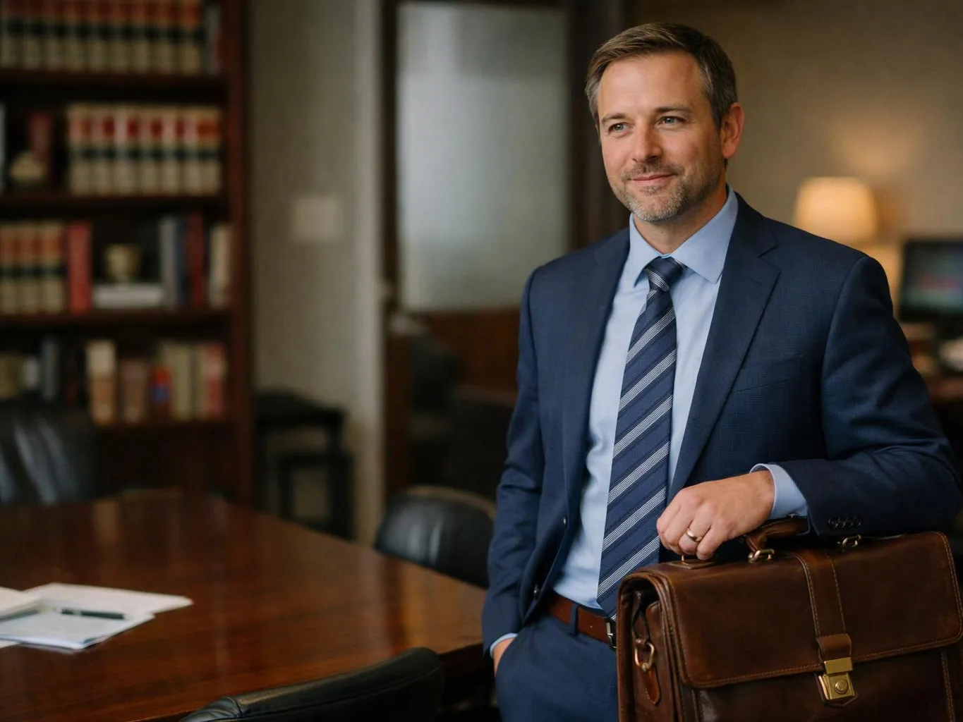 A man in a blue suit stands in an office, holding a brown leather briefcase beside a conference table