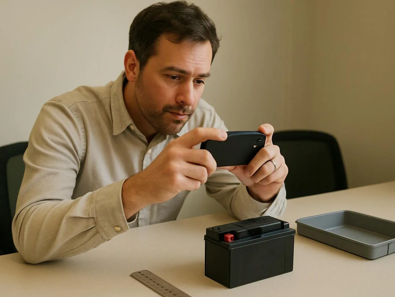 A man photographs a small black battery on a table beside a gray tray and ruler