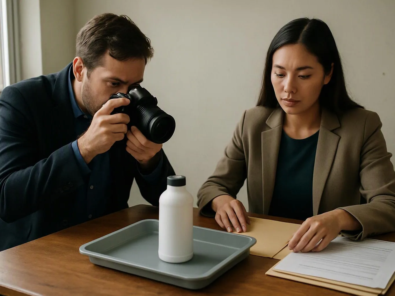 A man photographs a white bottle on a tray while a woman reviews papers at a table