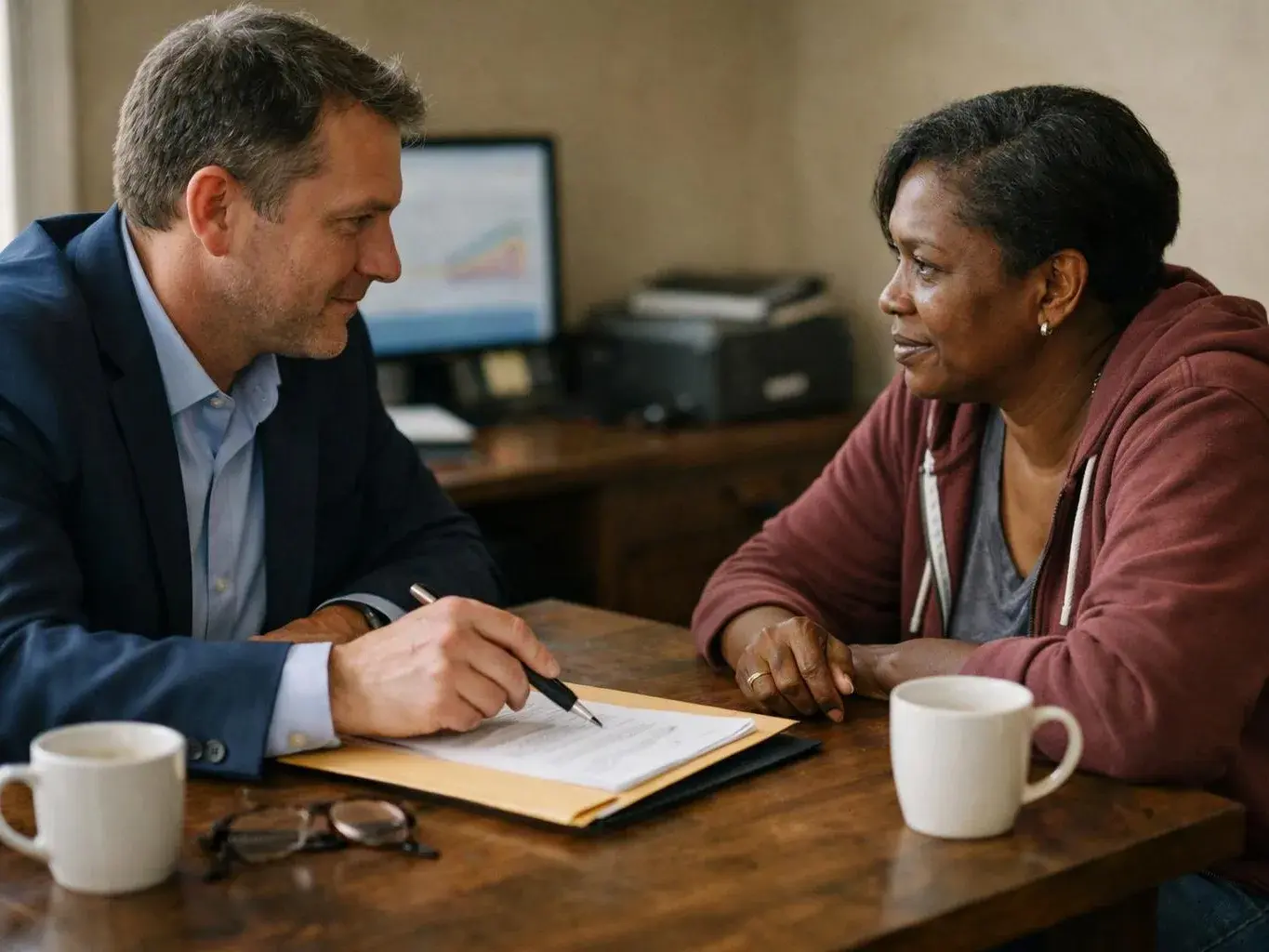A man points at paperwork while speaking with a woman across a wooden table in an office