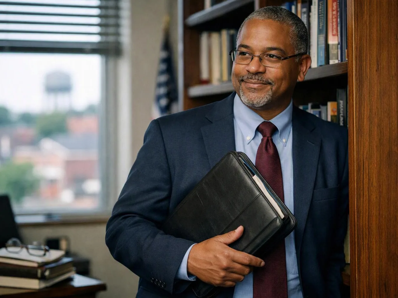 A man in a suit holds a black folder beside bookshelves in a bright office