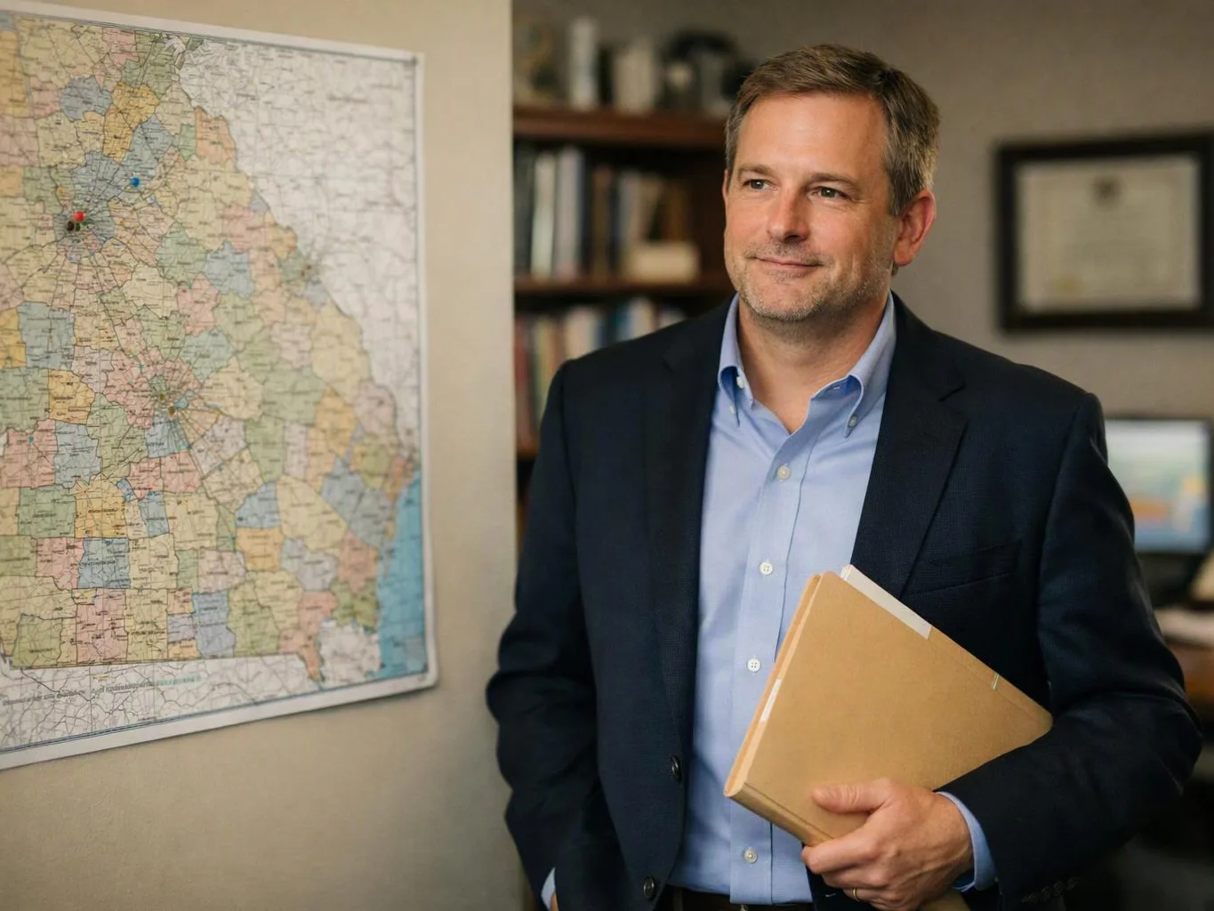 A man in a suit holds a folder beside a wall map in an office setting