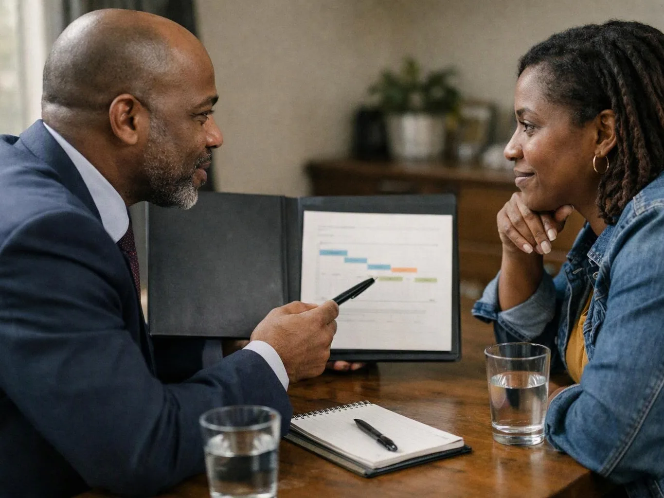 A man in a suit points at a chart while talking with a woman at a wooden table