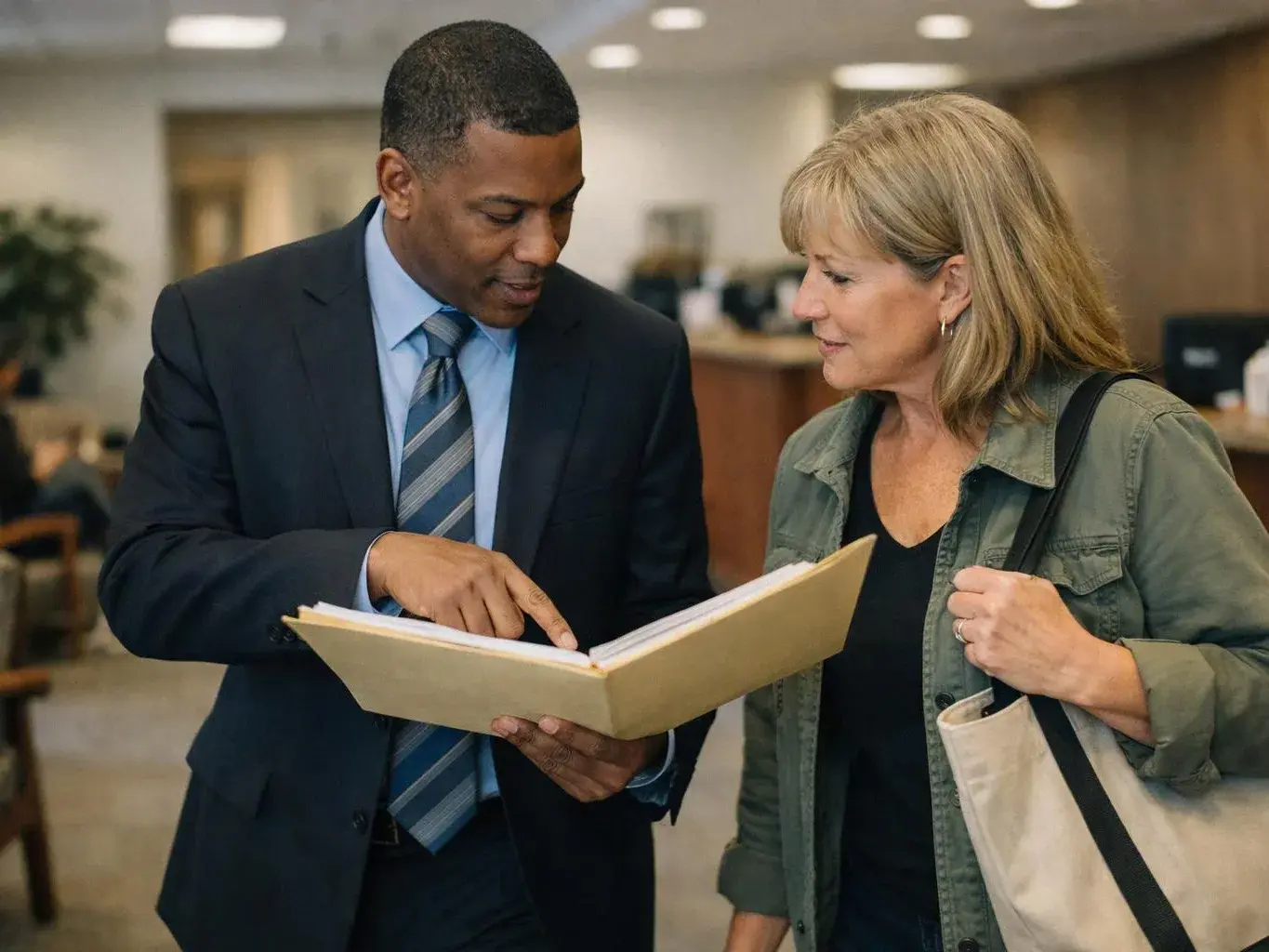 A man in a suit points at an open folder while talking with a woman holding a tote in a bright office lobby