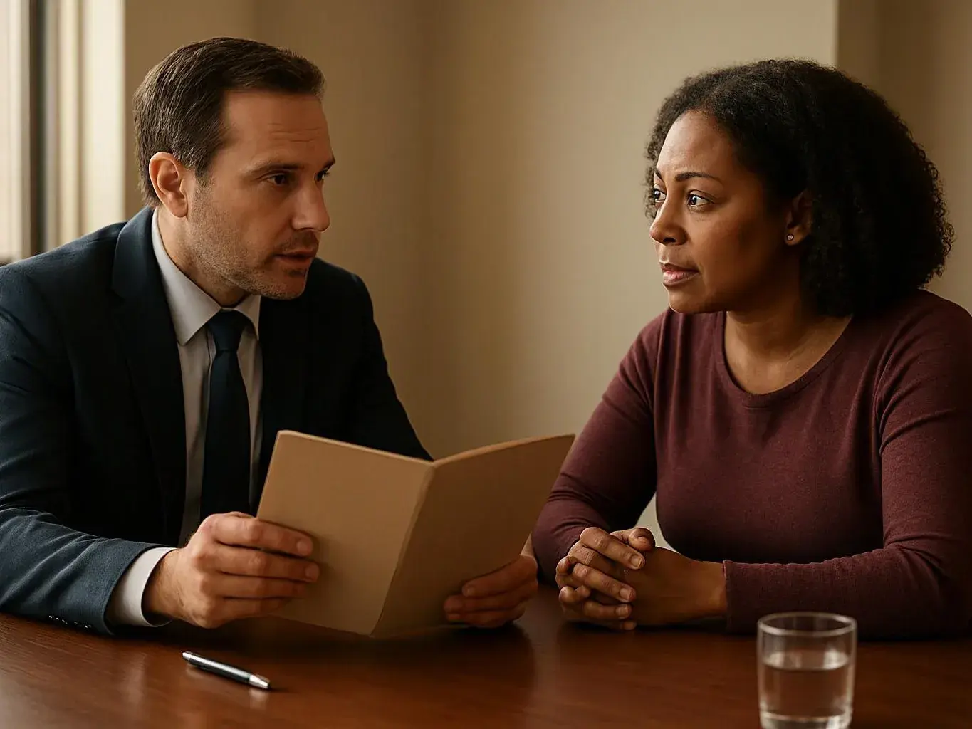 A man in a suit shows a folder to a woman seated across a table in a quiet room