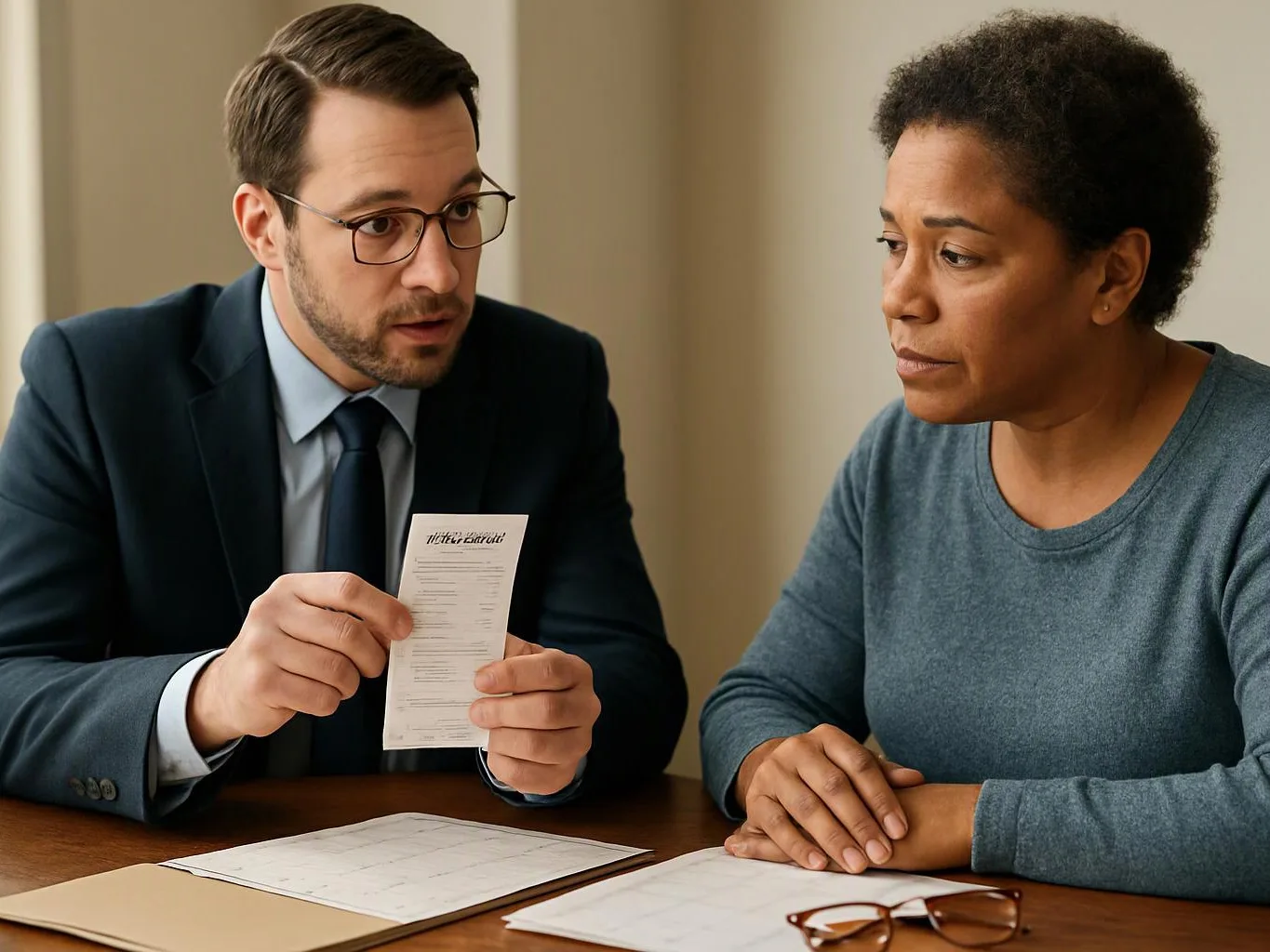 A man in a suit shows a paper to a woman sitting across a table with forms and glasses