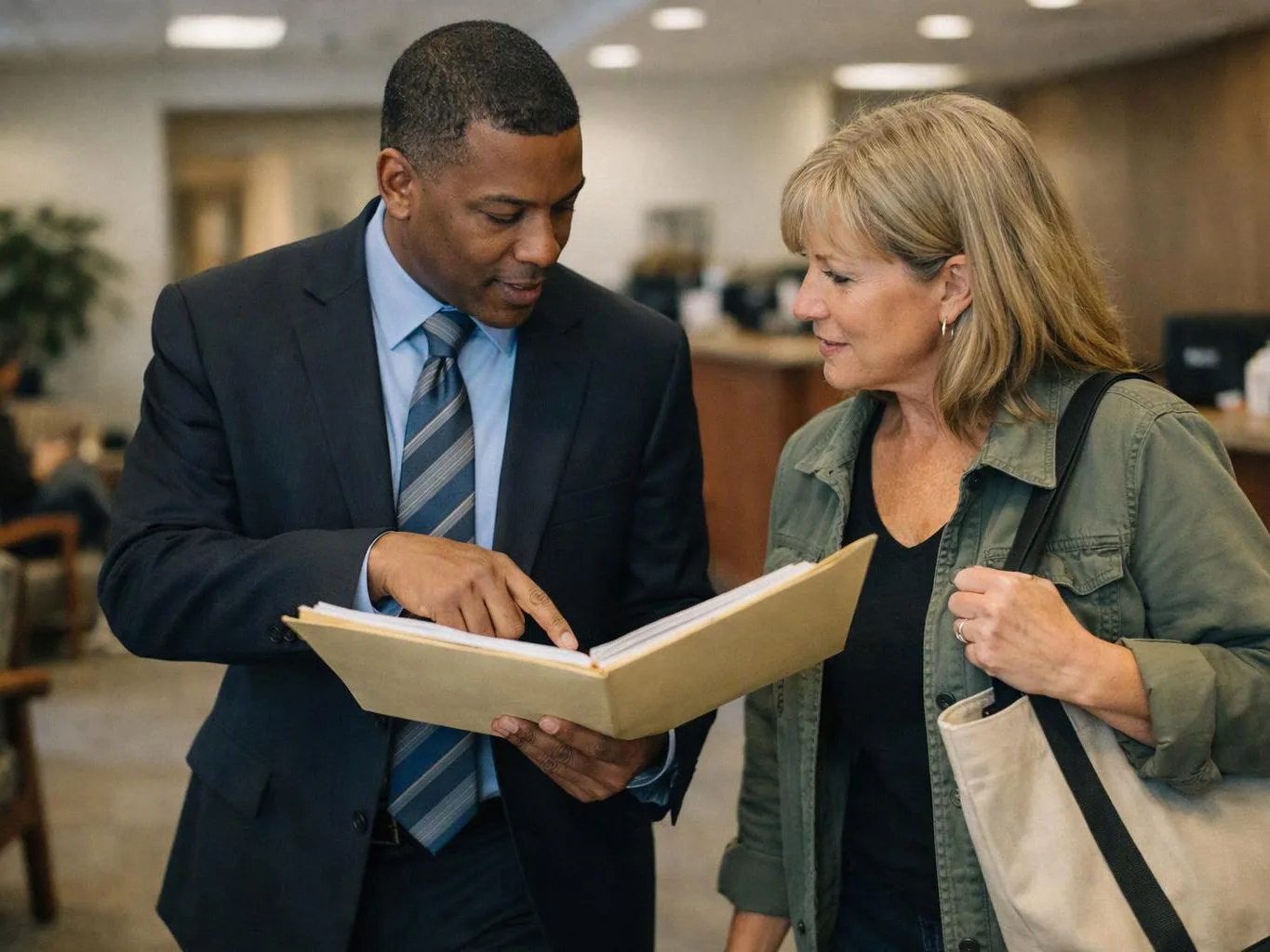 A man in a suit shows a woman a folder while they stand in a bright office lobby