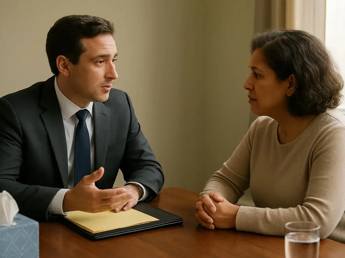 A man in a suit speaks to a woman across a table in a plain room
