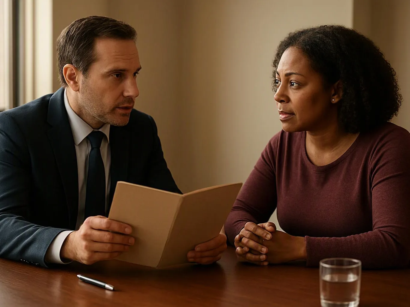 A man in a suit speaks to a woman across a table while holding a folder in a plain room