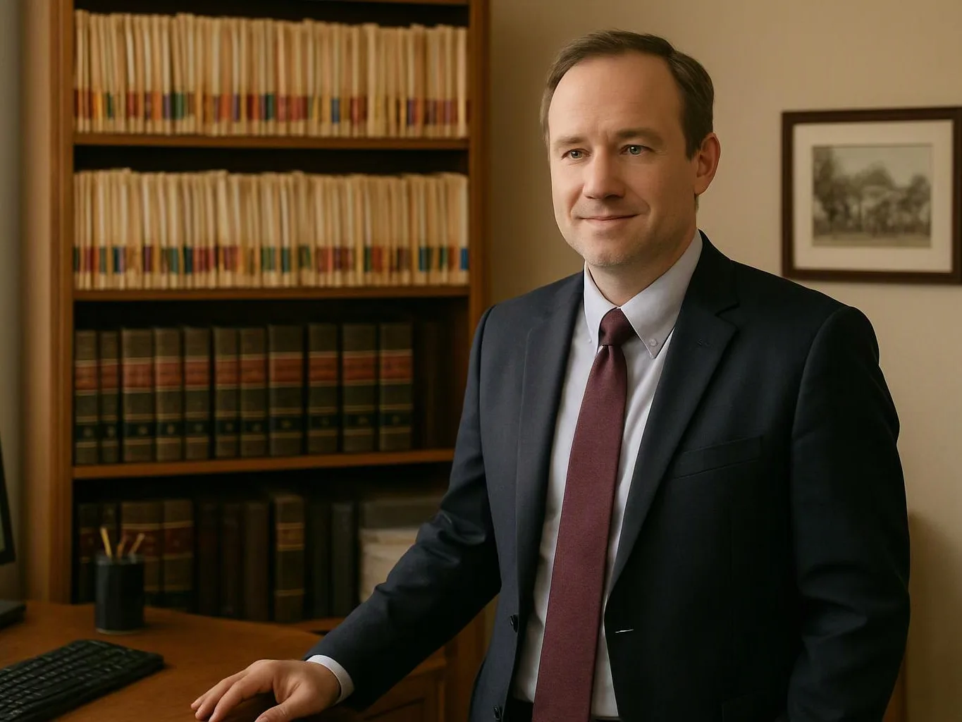 A man in a suit stands beside a desk in a book-lined office, facing the camera with a slight smile