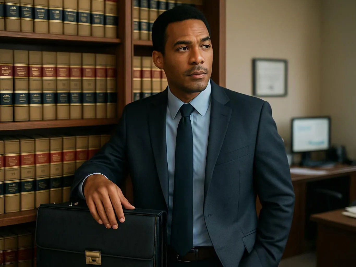 A man in a suit stands beside law books, resting a briefcase in a quiet office