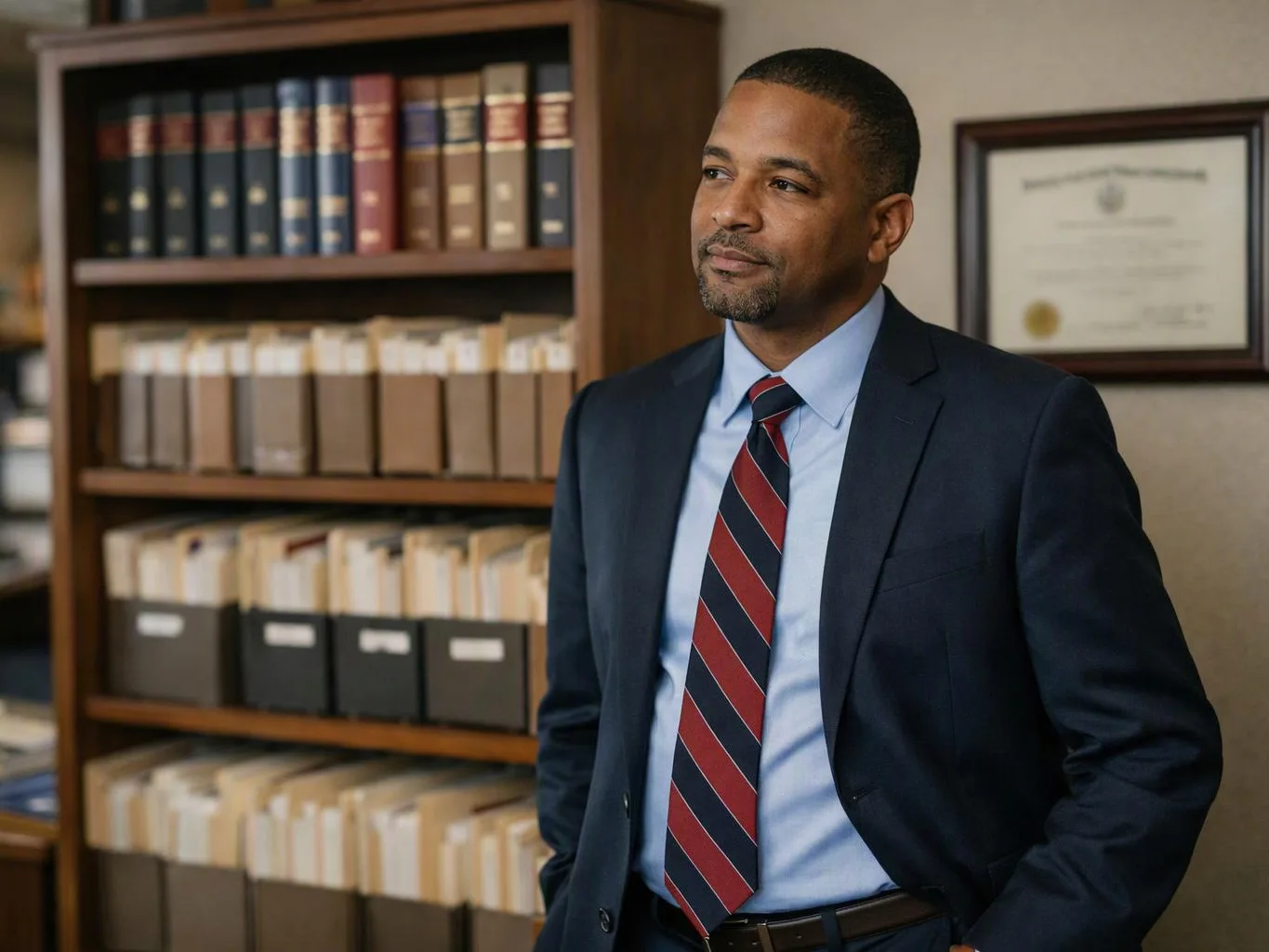 A man in a suit stands beside shelves of files and books in an office, with a framed certificate on the wall