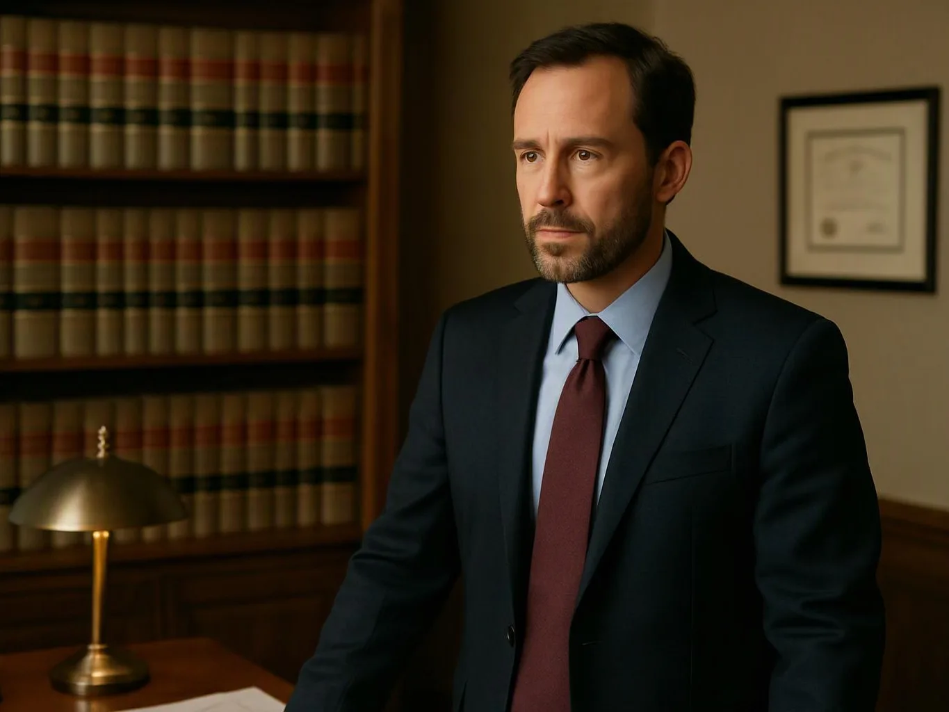 A man in a suit stands in a law office beside bookshelves, a desk lamp, and framed wall art