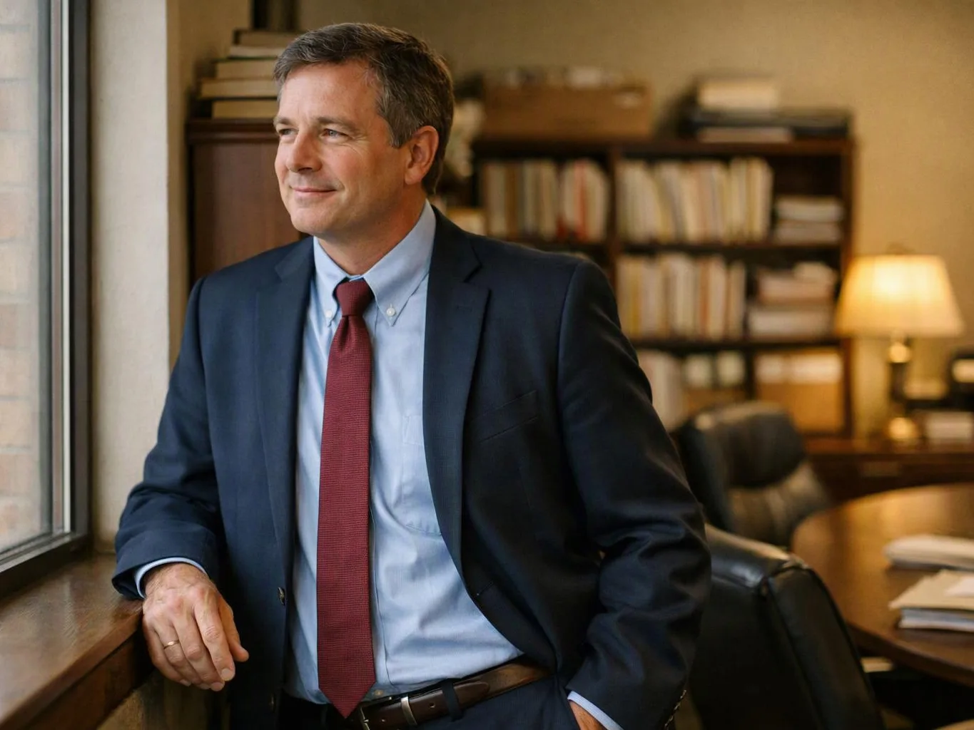 A man in a suit stands by a window in a book-lined office, looking outside with a slight smile