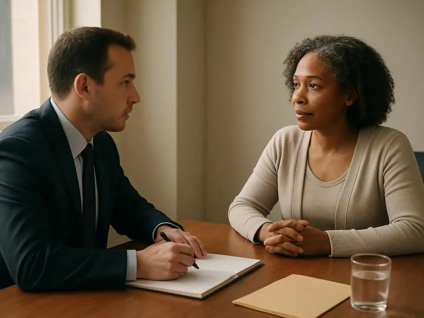 A man in a suit takes notes while facing a woman across a wooden table in a quiet office