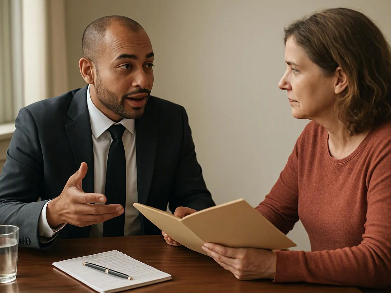 A man in a suit talks across a table while a woman reads a folder in a plain room