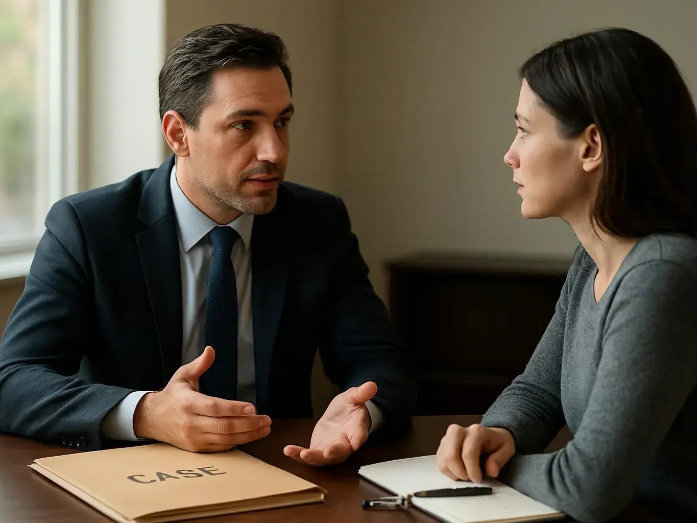 A man in a suit talks across a table to a woman beside a case folder and notebook
