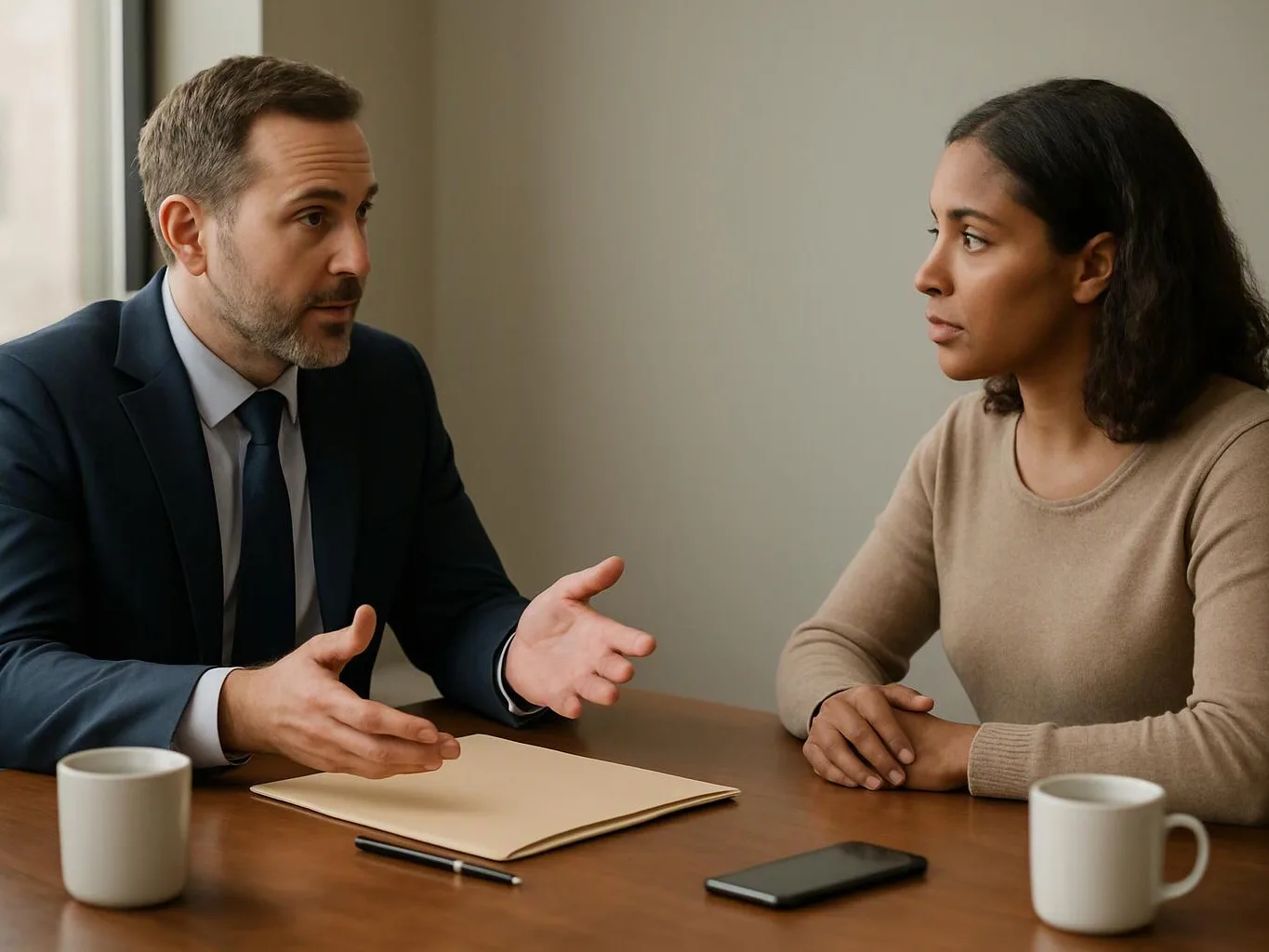 A man in a suit talks across a table to a woman, with a folder, pen, cups, and a phone between them