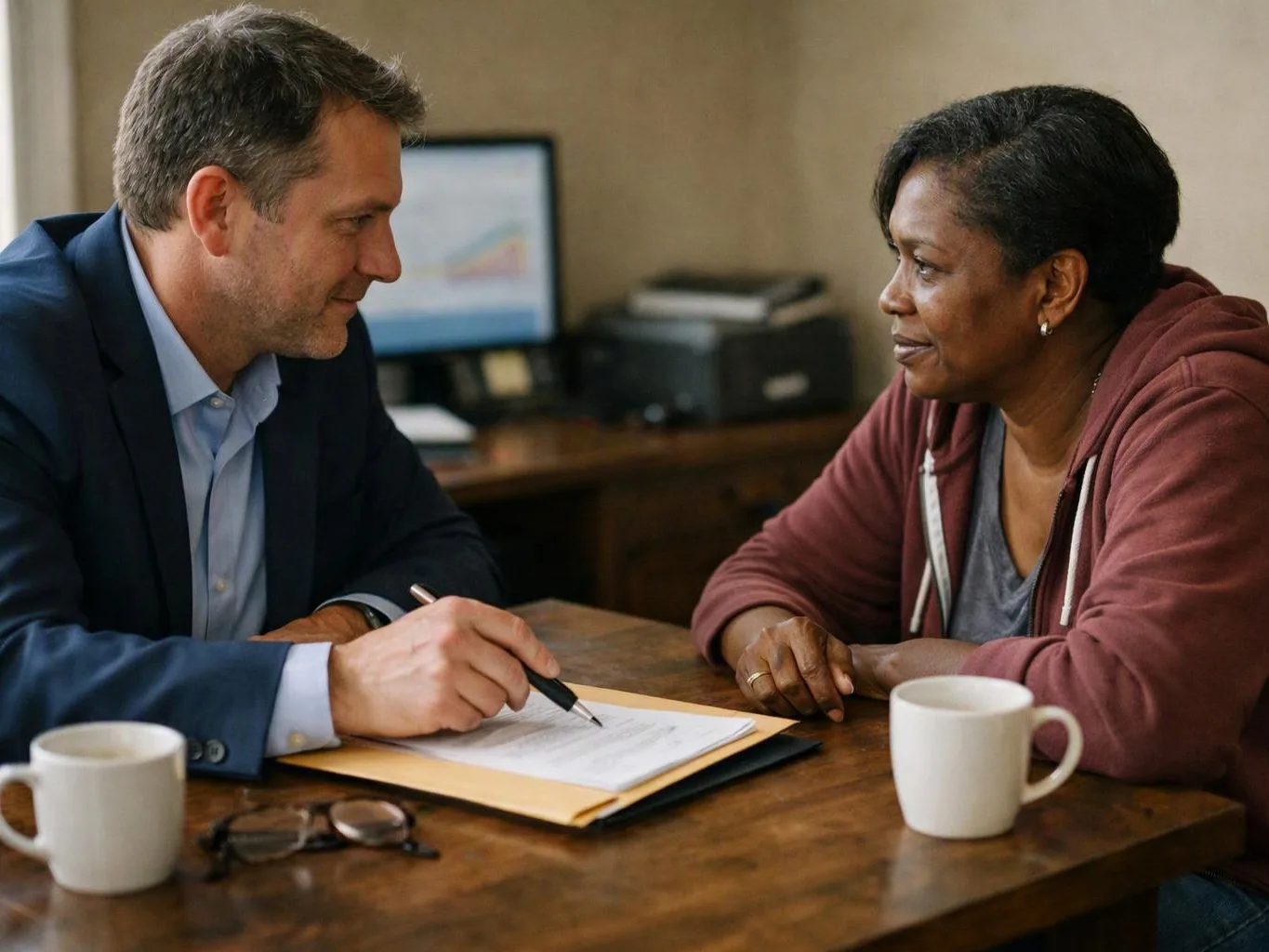 A man in a suit and a woman in a hoodie talk across a desk with papers and coffee mugs