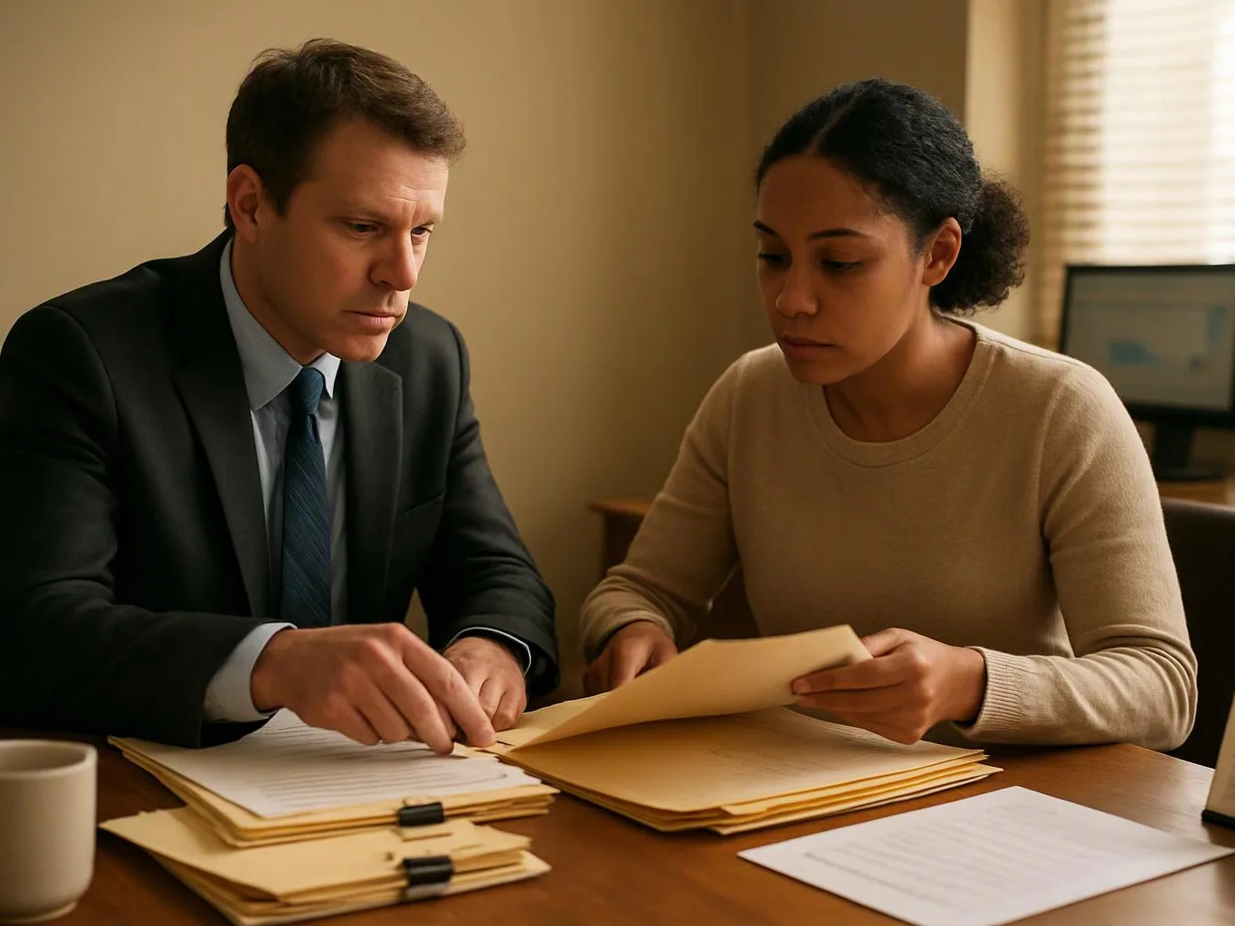 A man and woman review paper files at a desk in a quiet office room