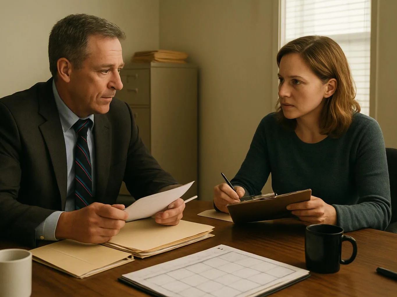 A man and woman sit across a desk reviewing papers and taking notes in a small office