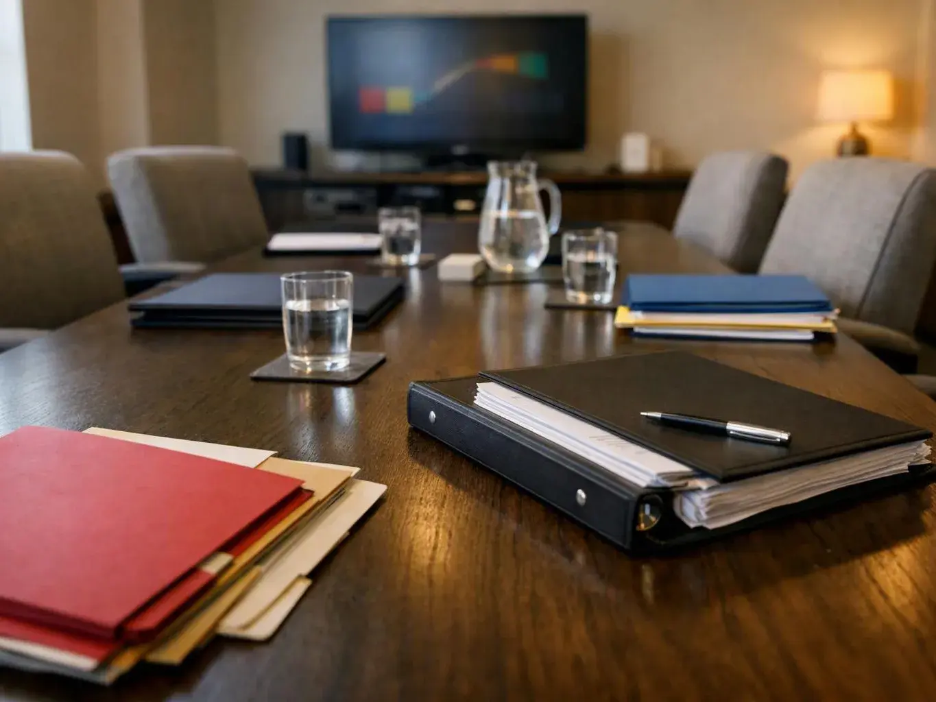 A meeting room table holds binders, folders, glasses of water, a pitcher, and a pen with chairs and a TV behind it