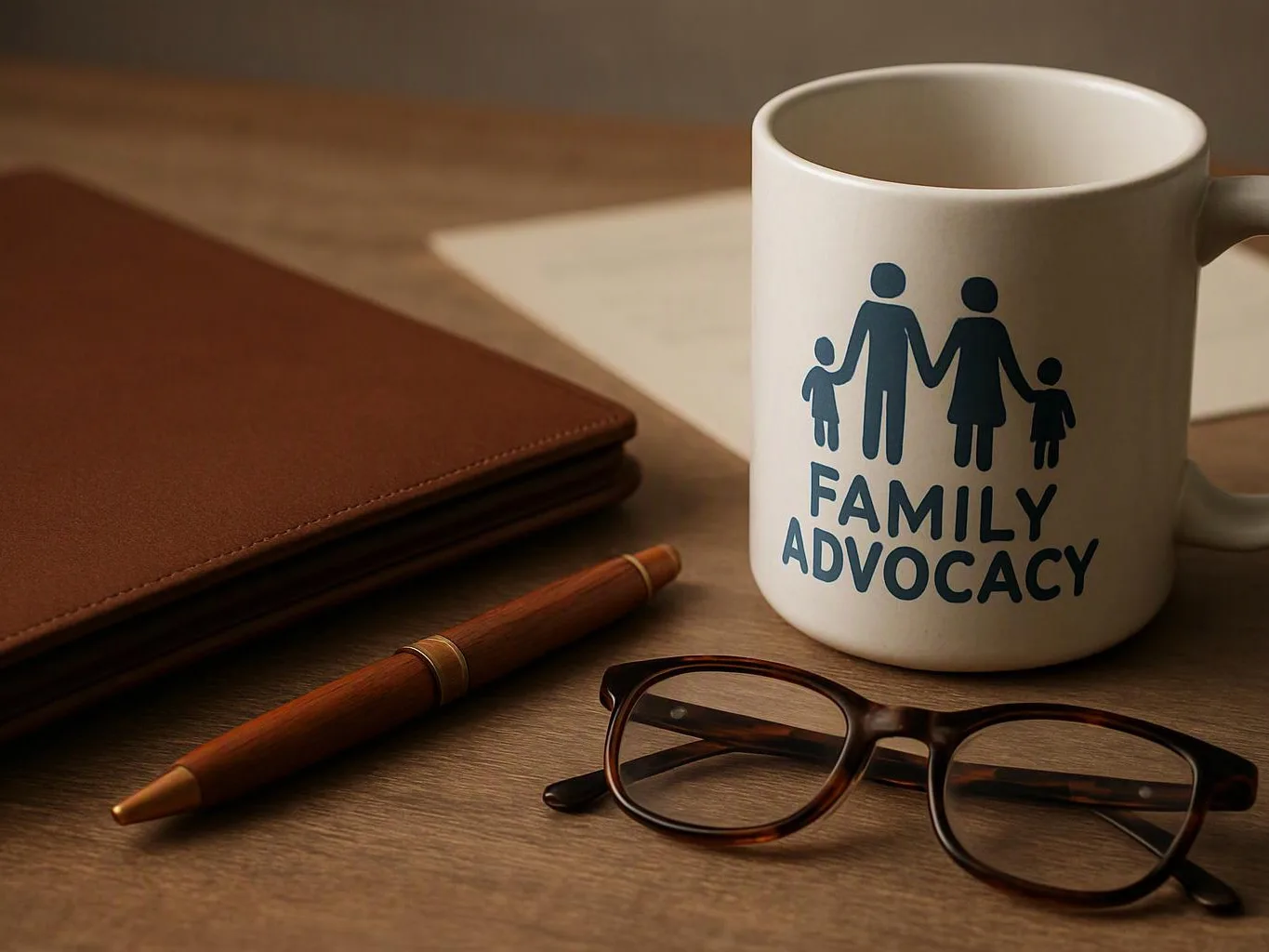A mug reading "FAMILY ADVOCACY" sits beside a notebook, pen, and eyeglasses on a desk