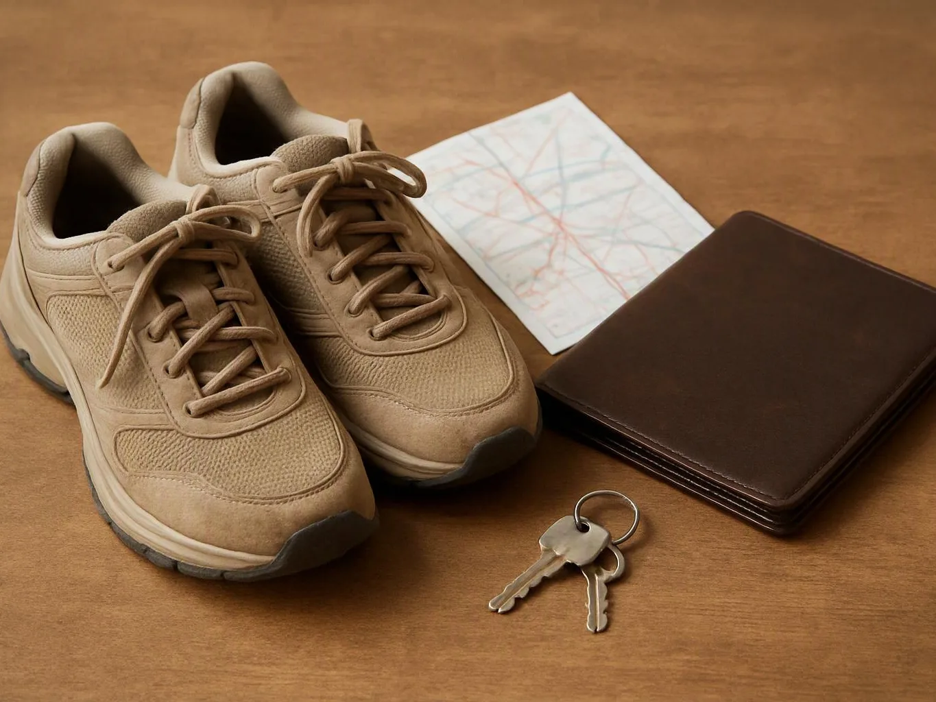 A pair of tan sneakers, a folded map, a brown wallet, and keys rest on a wooden table
