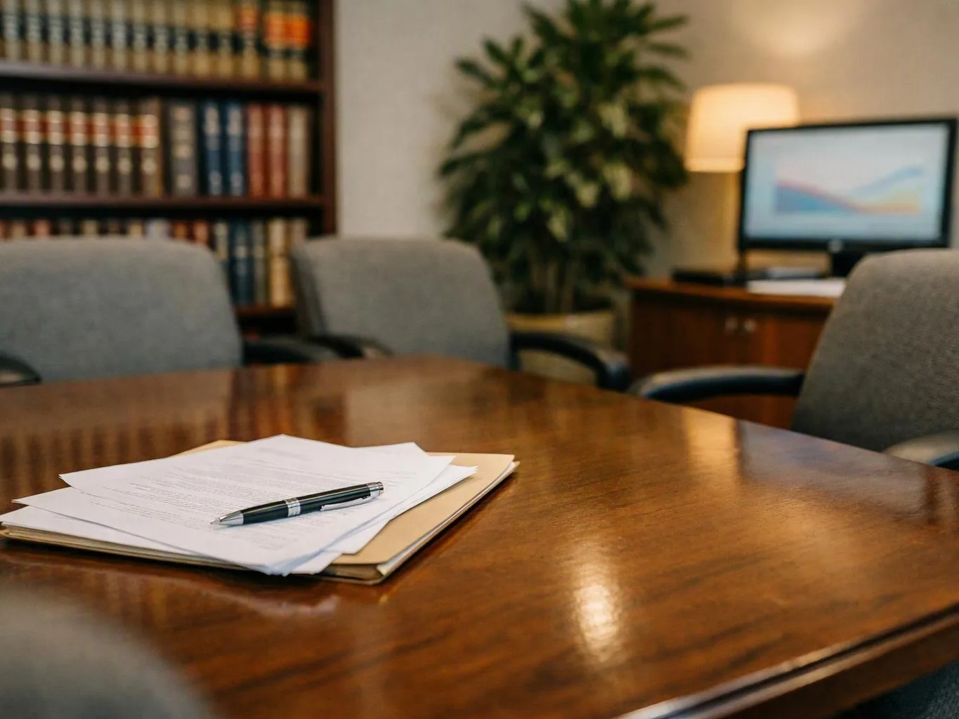 A pen rests on papers on a polished conference table in a quiet office meeting room