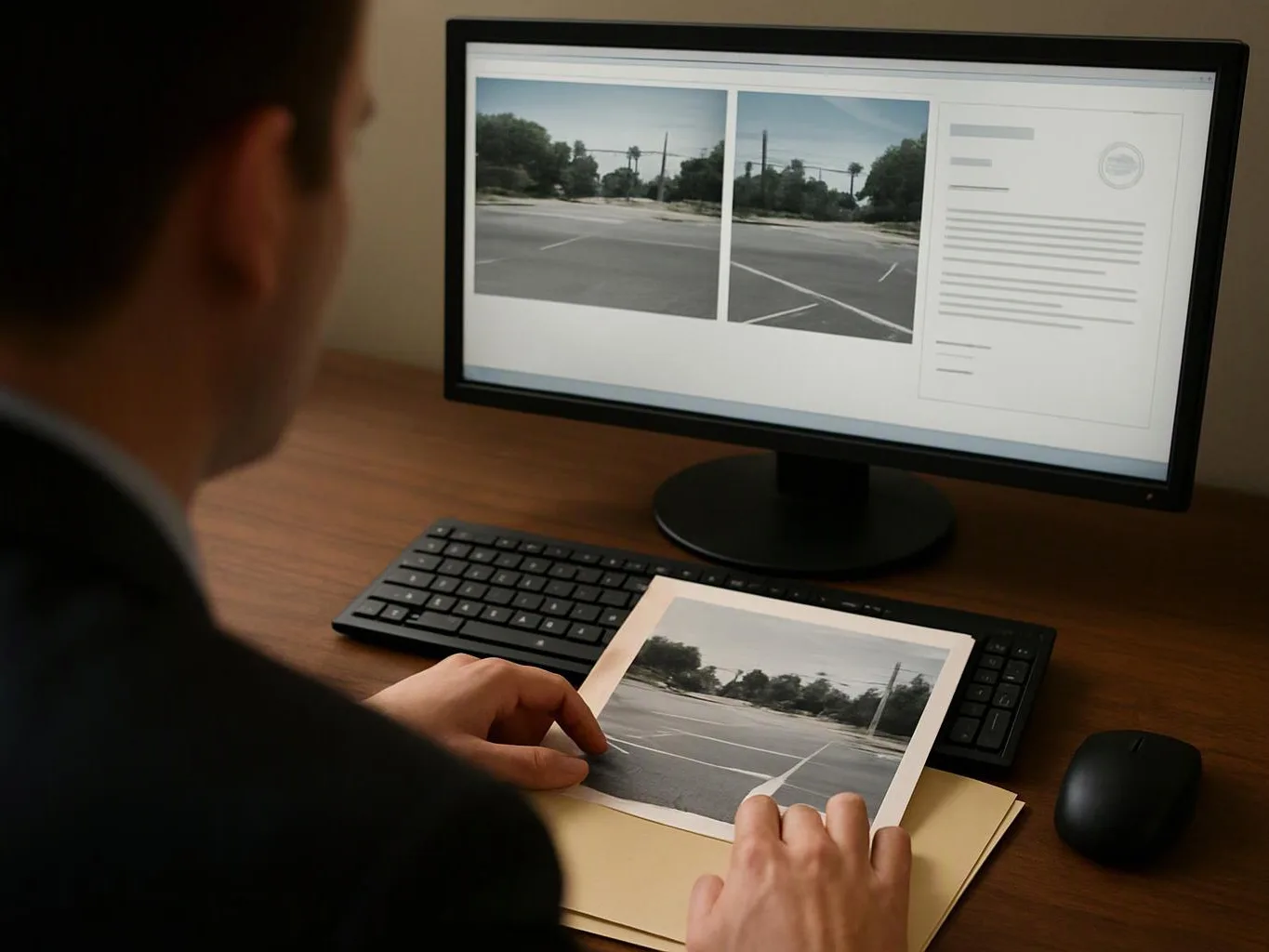 A person compares a printed street photo with two similar images on a desktop monitor at a wooden desk