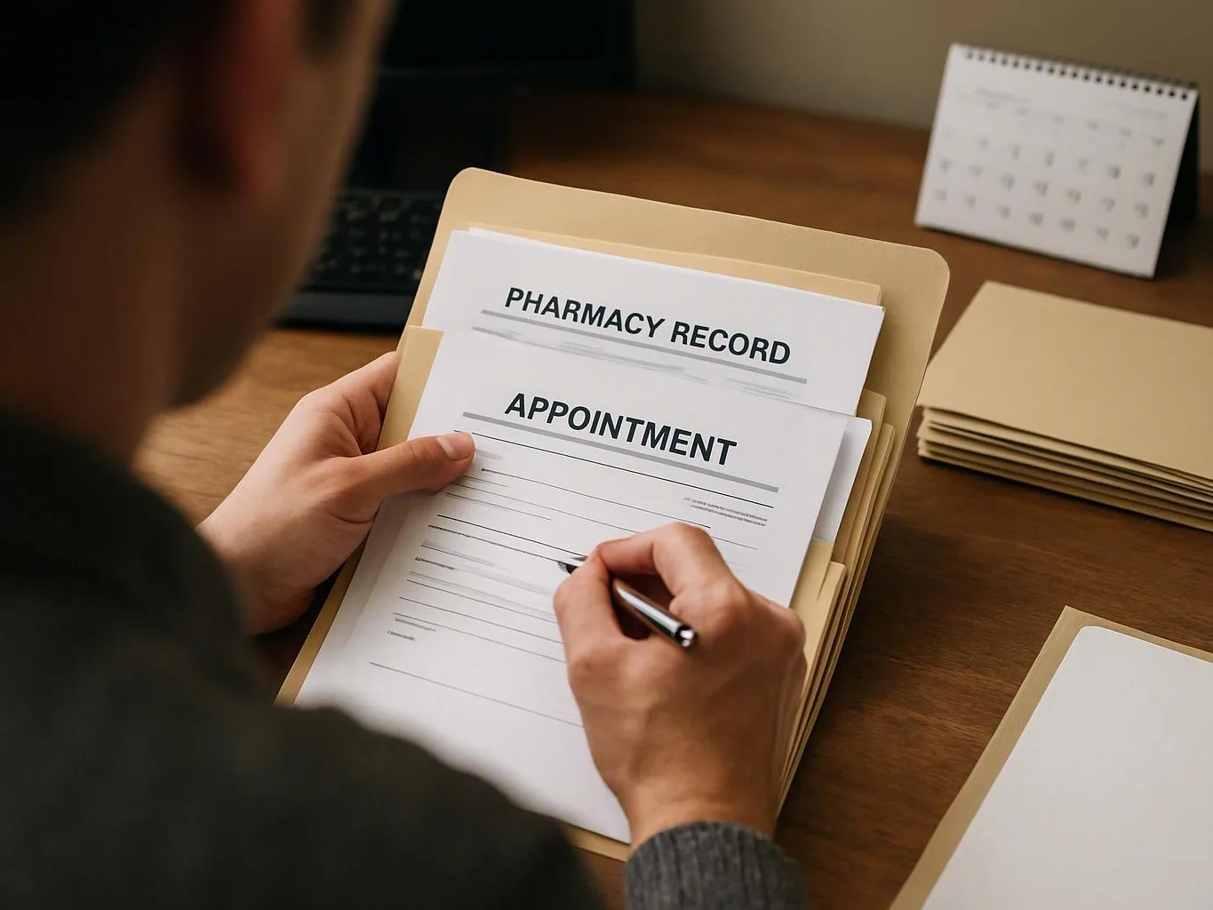 A person fills out a folder of forms labeled pharmacy record and appointment at a wooden desk