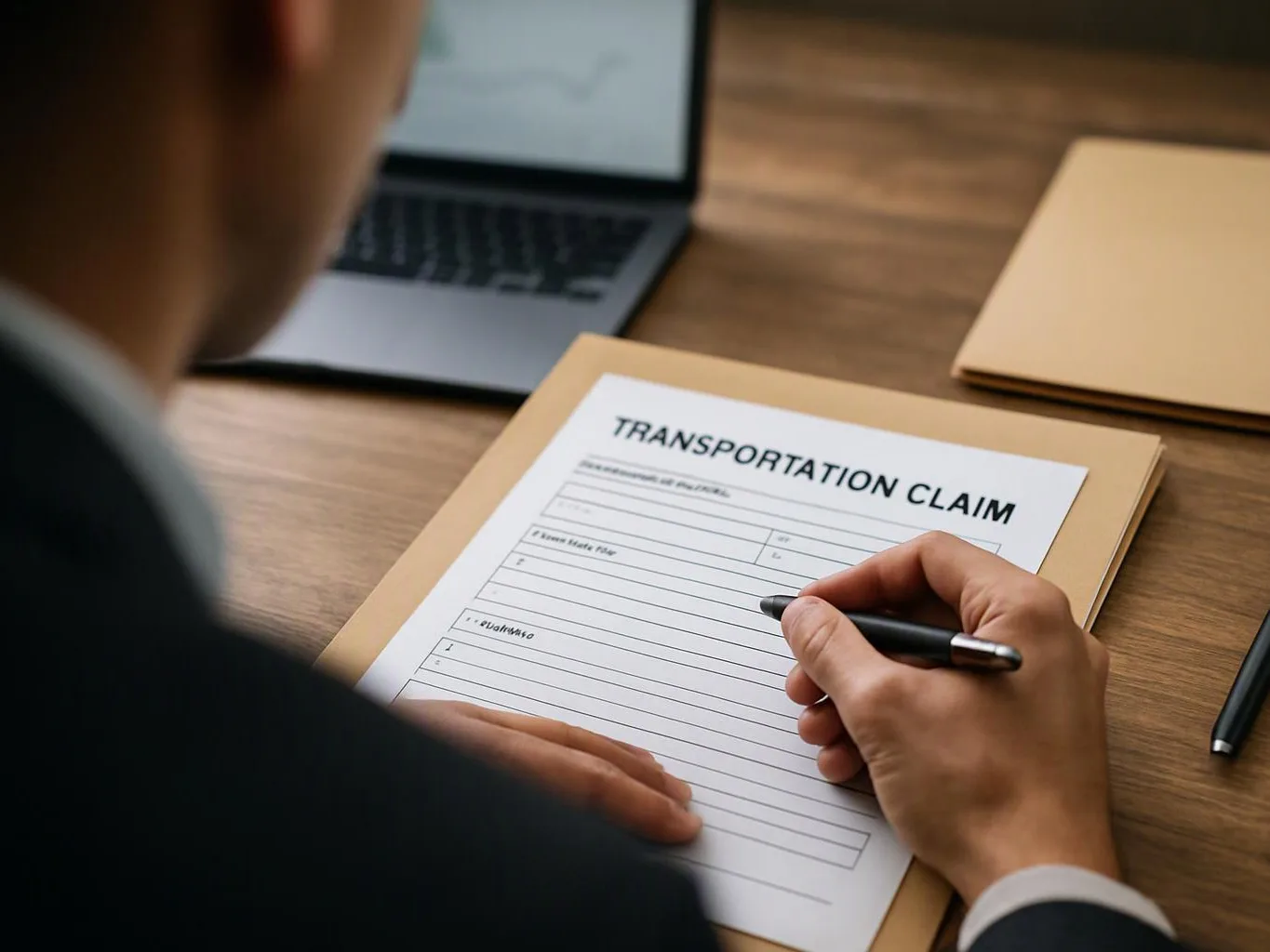 A person fills out a transportation claim form at a desk with a laptop nearby