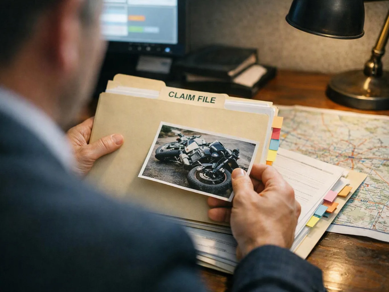 A person holds a claim file with a motorcycle crash photo at a desk covered with maps and papers