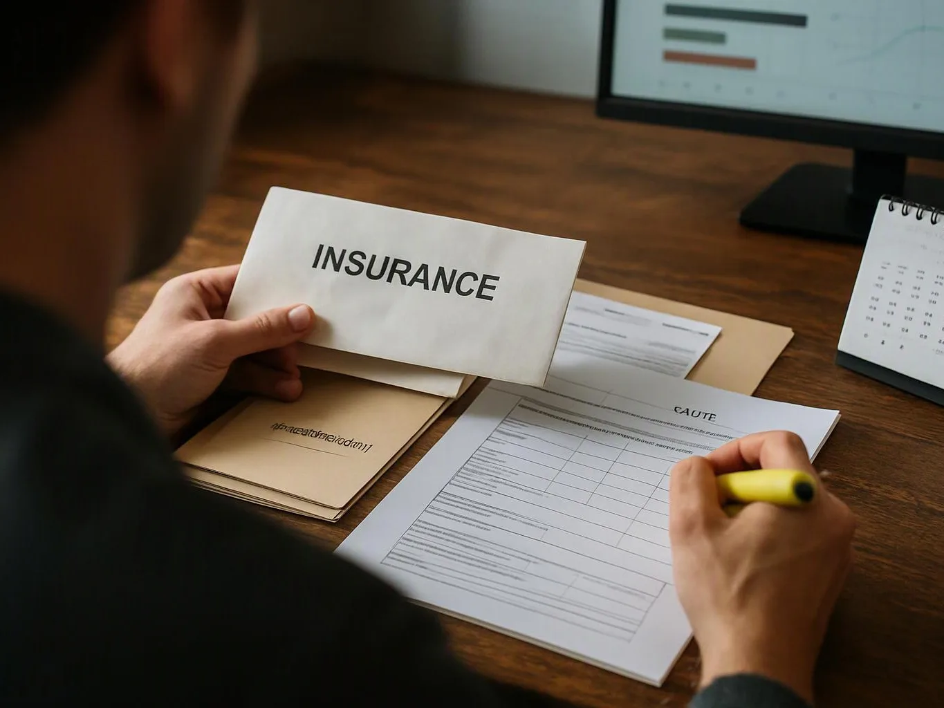 A person holds an insurance envelope and fills out paperwork at a wooden desk near a computer monitor