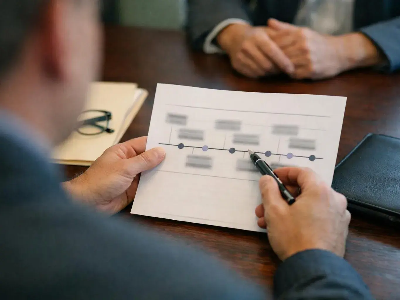 A person holds a printed timeline and points at it with a pen across a meeting table