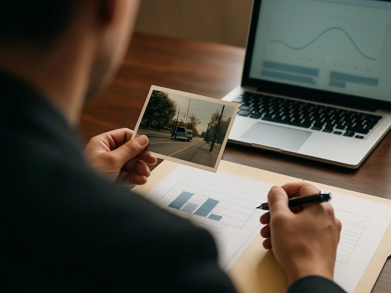 A person holds a roadside photo and a pen beside charts on paper and a laptop with graphs