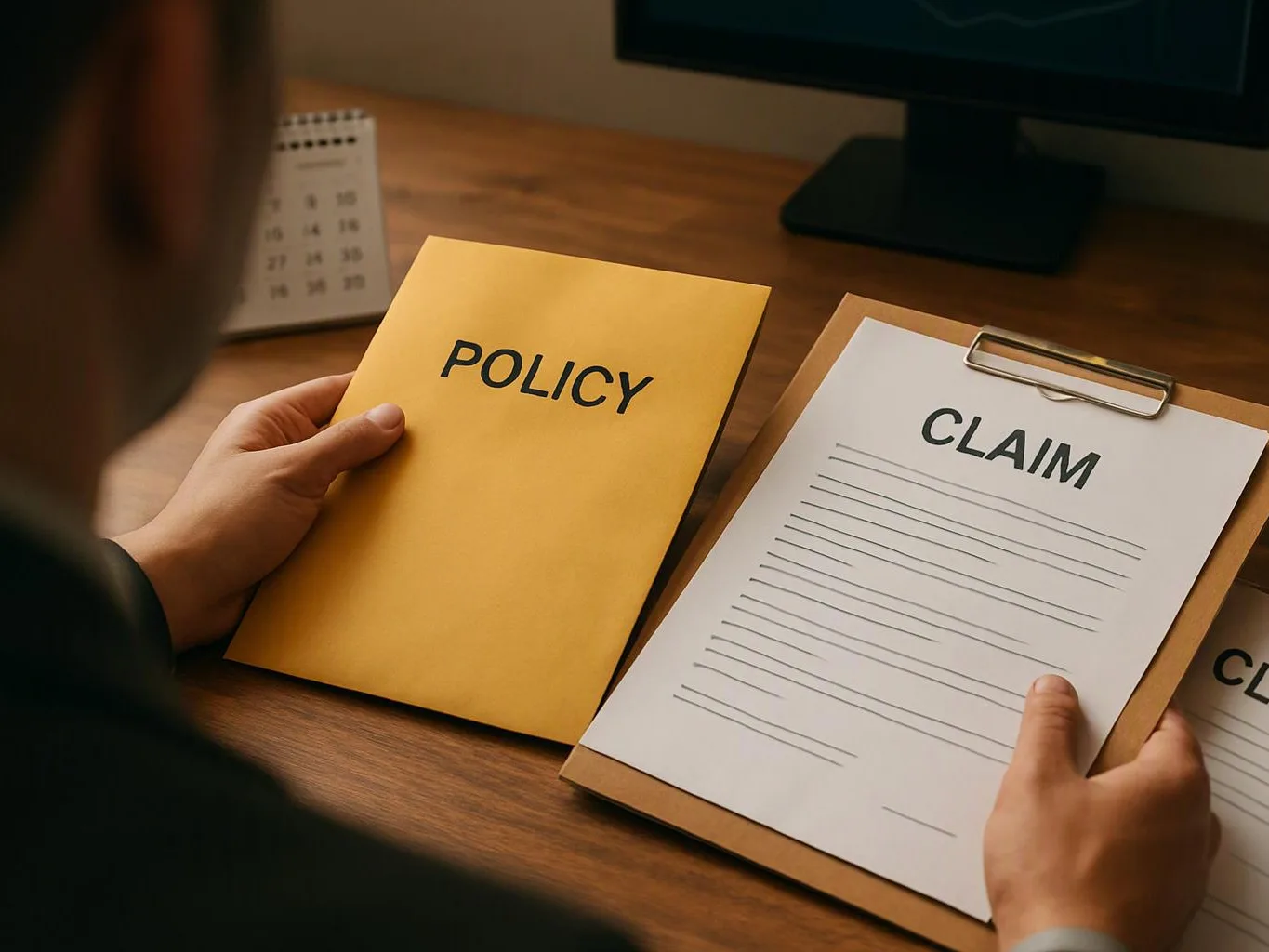 A person holds a yellow folder labeled "POLICY" beside a clipboard marked "CLAIM" on a desk