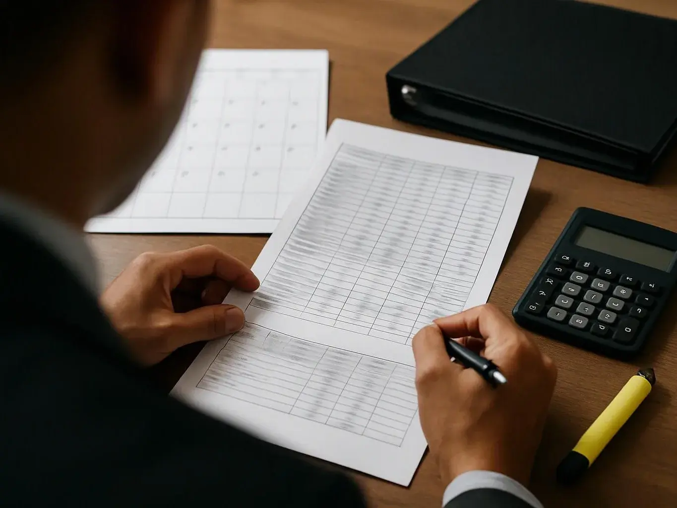 A person marks a printed spreadsheet at a desk beside a calculator, binder, and highlighter