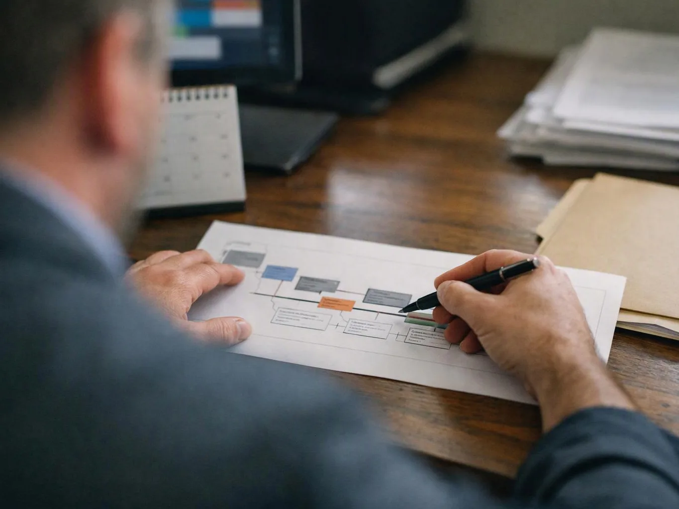 A person points at a flowchart on paper and writes with a pen at a wooden desk