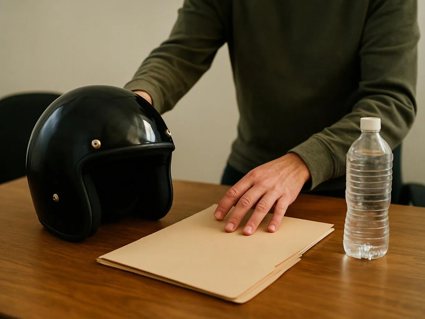 A person reaches for a folder on a wooden table beside a black helmet and a water bottle