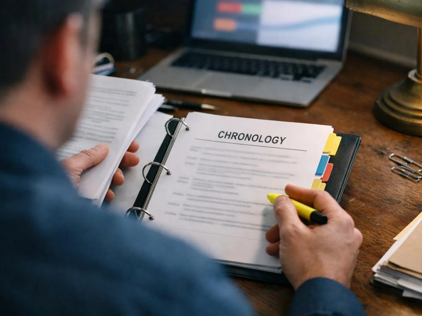 A person reviews a binder labeled “CHRONOLOGY” at a wooden desk with a laptop and papers nearby