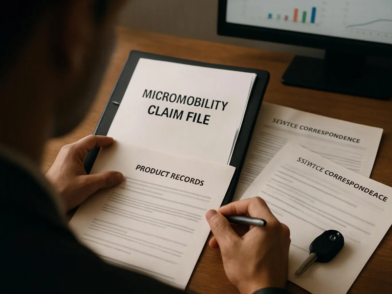 A person reviews claim papers at a desk beside a computer monitor and car key