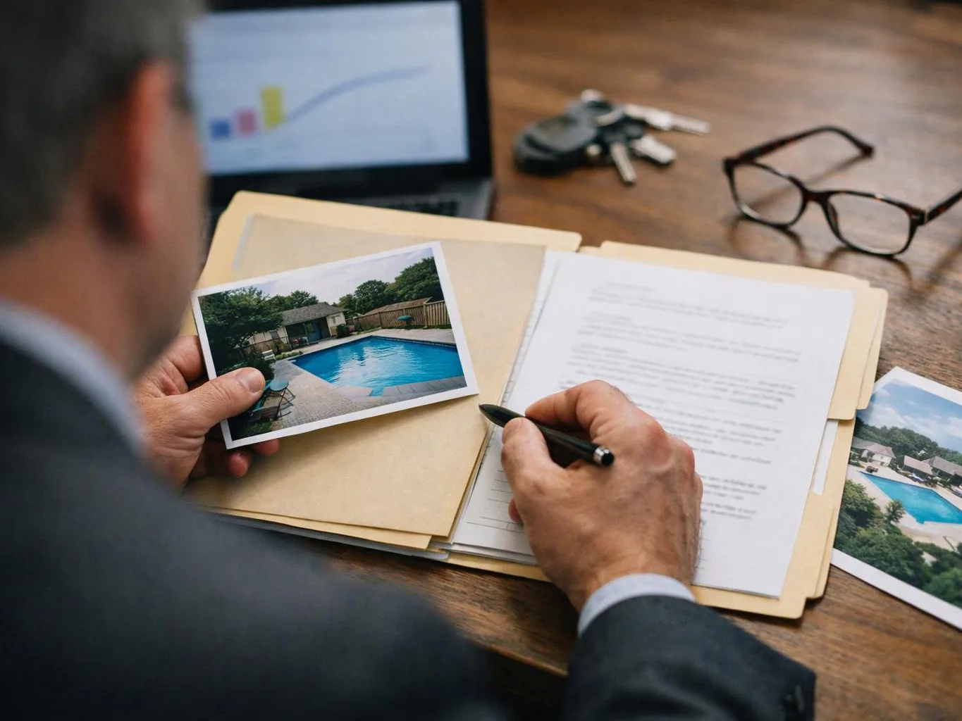 A person reviews a document folder, holds a pool photo, and writes at a wooden desk with a laptop, keys, and glasses