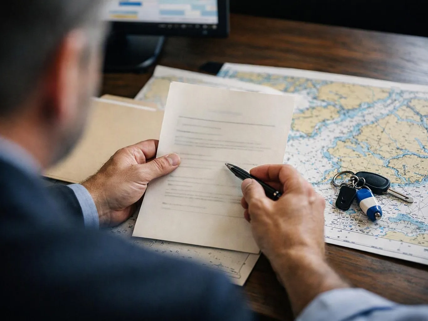 A person reviews a document and points with a pen over a map beside car keys on a desk
