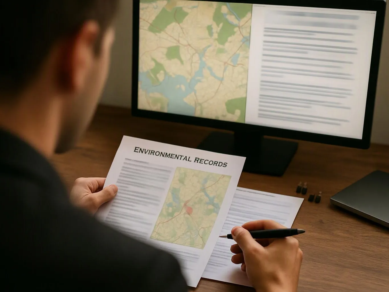 A person reviews environmental records at a desk, holding a printed map and pen beside a computer monitor