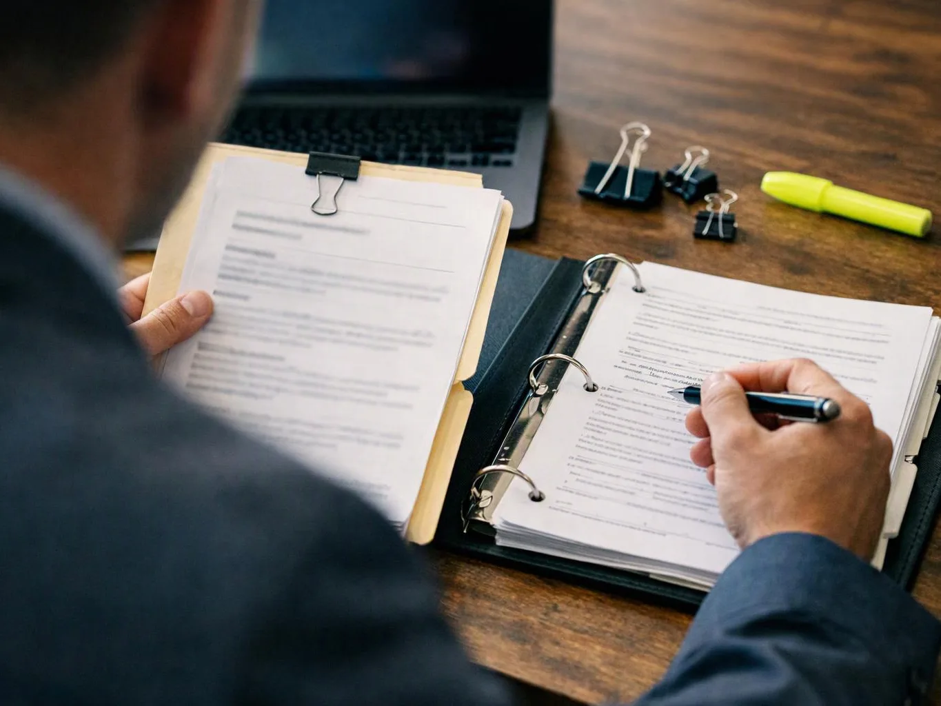 A person reviews paperwork in a binder and writes with a pen at a wooden desk with a laptop, clips, and a highlighter